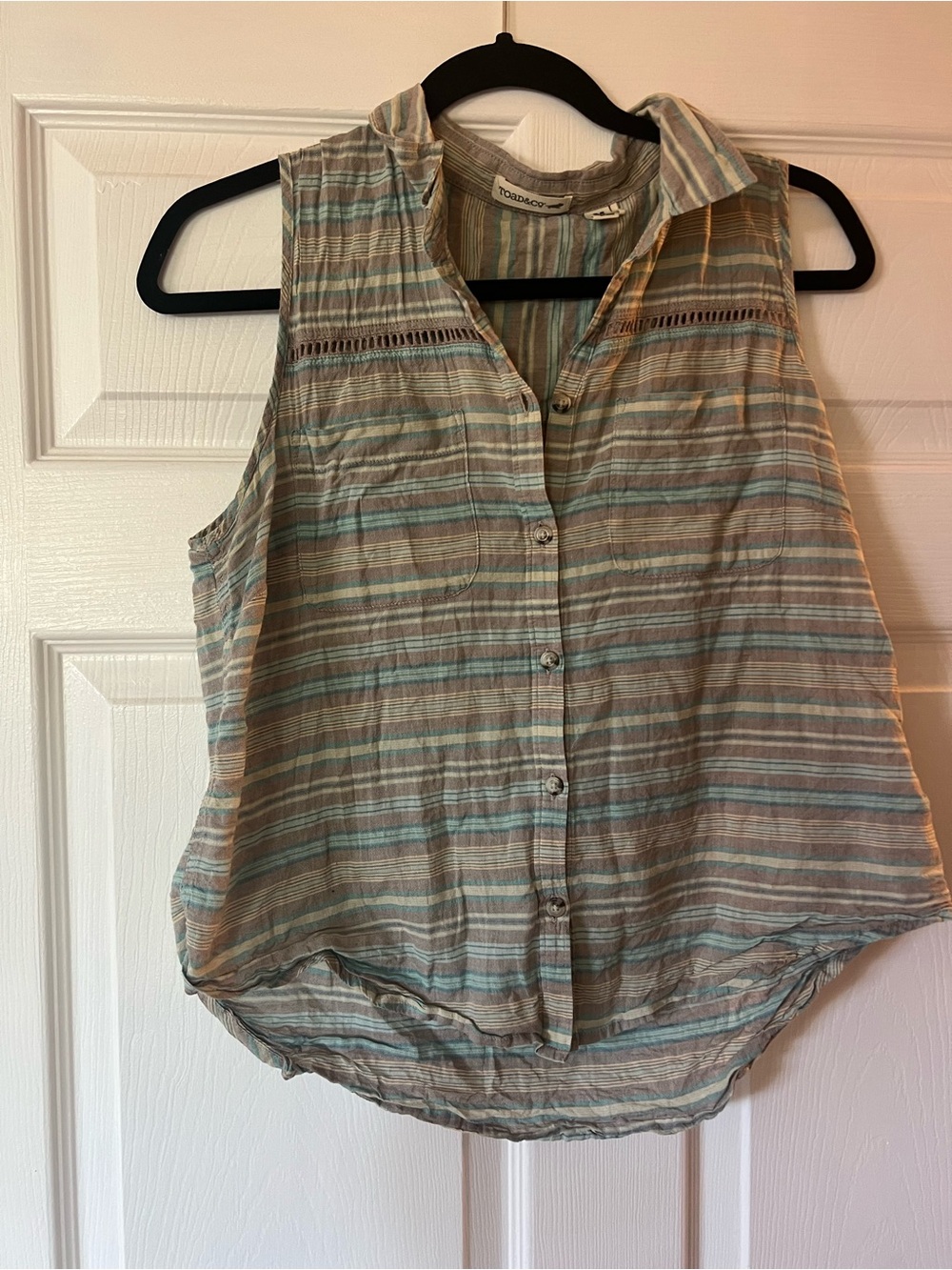 Toad&Co Striped Button-Front Blouse in Brown, Teal, Cream